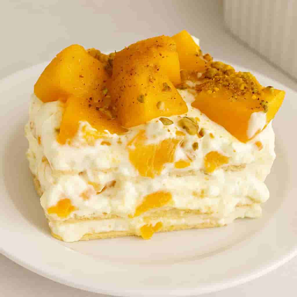 Easy Peach Mango Float (Ice Box Cake)