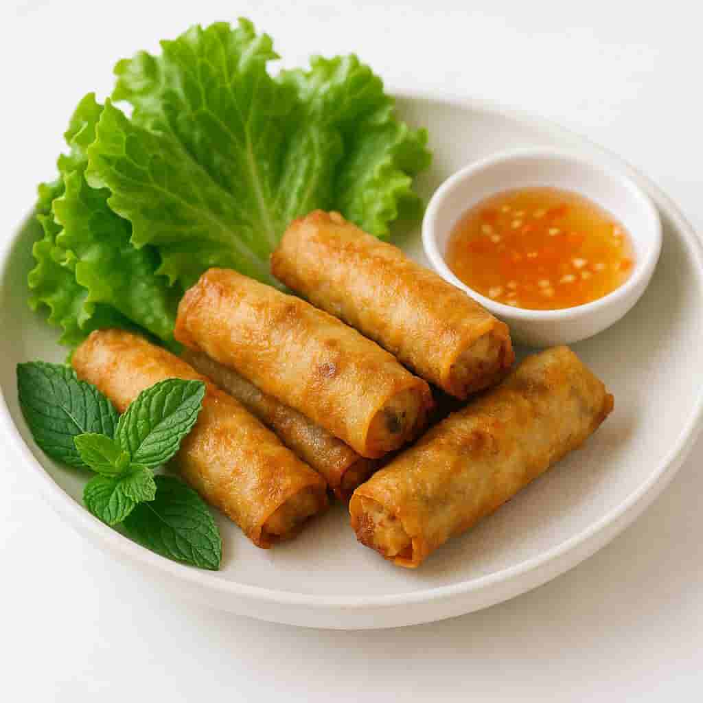Chicken and Vegetable Spring Rolls with Tangy Sauce