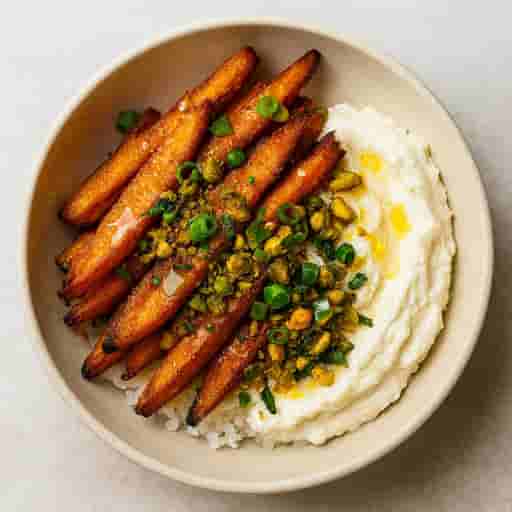 Crispy Carrot Fries with Whipped Honey-Ricotta & Pistachio Gremolata