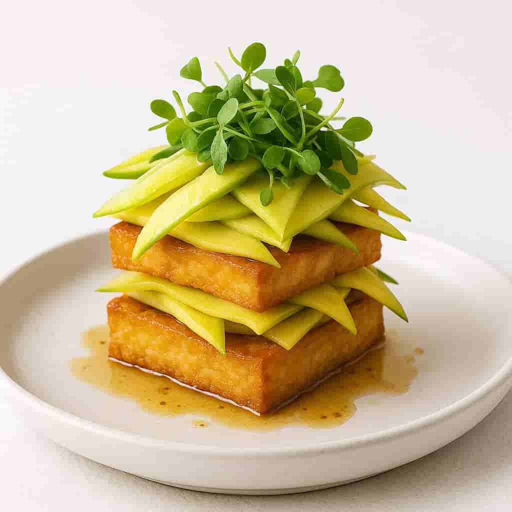 Crispy Green Mango & Tofu Stack with Sinamak Drizzle