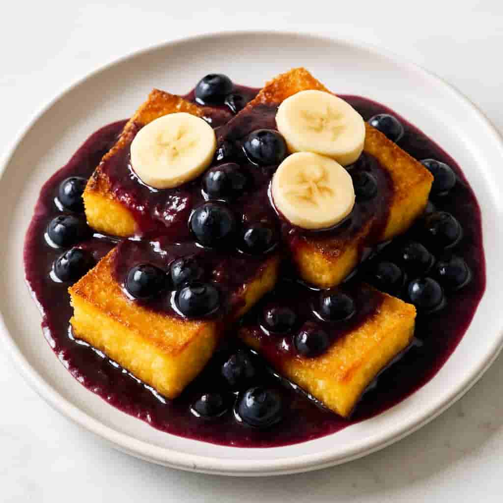 Crispy Polenta Squares with Warm Blueberry Sauce