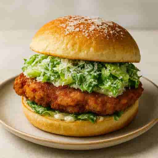 Crispy Schnitzel Caesar Sando on Roasted Garlic Buns