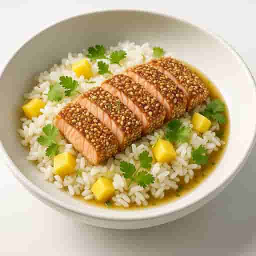 Crispy Sesame-Crusted Salmon with Mango Rice and Sesame-Scallion Vinaigrette