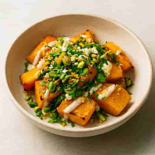 Herbed Butter Butternut Squash with Feta-Pistachio Crumble & Maple-Orange Tahini Yogurt