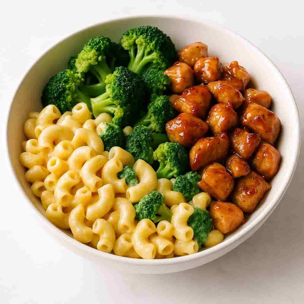Honey Garlic Chicken Mac and Cheese with Broccoli