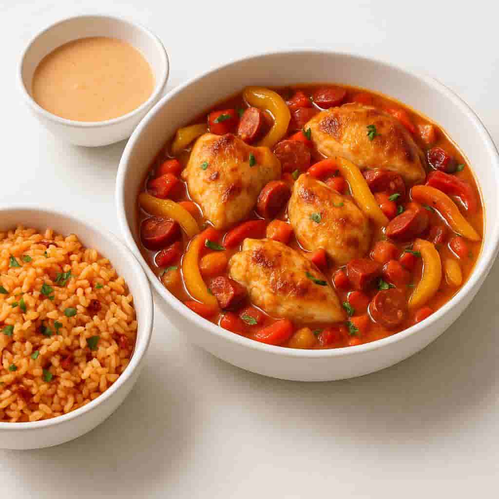 Poulet Basquaise, Riz Cuisiné et Crème de Chorizo