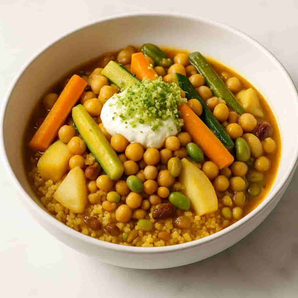 Vegetable Couscous with Ricotta Date Fritters
