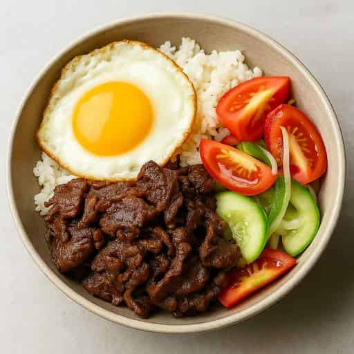 Beef Tapsilog with Tomato and Cucumber