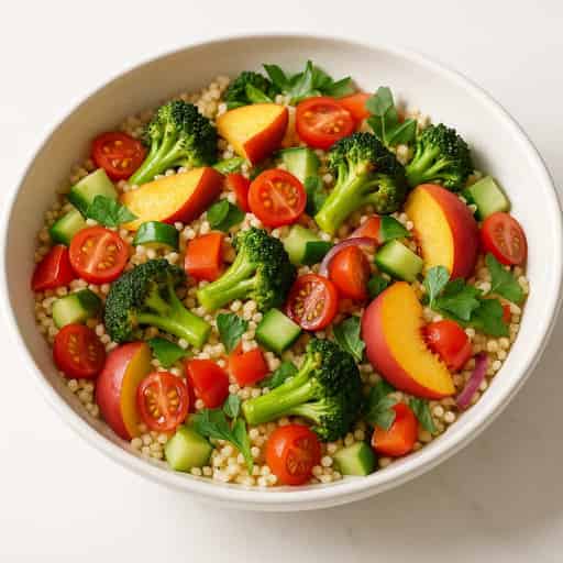 Couscous Salad with Seared Broccoli, Peaches, and Herbs
