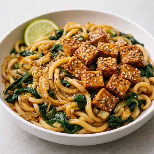 High-Protein Leek Udon with Sesame Tofu
