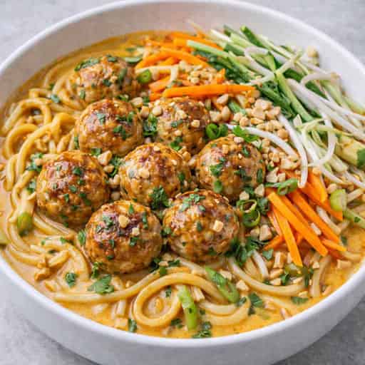 One-Pan Thai Coconut Meatballs with Saucy Noodles