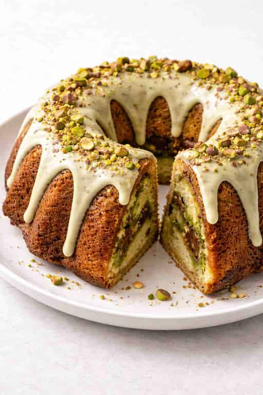 Soft Pistachio Marble Cake with White Chocolate Glacage