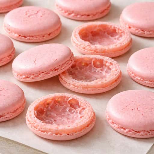 Macaron shells with a visible hollow interior after baking