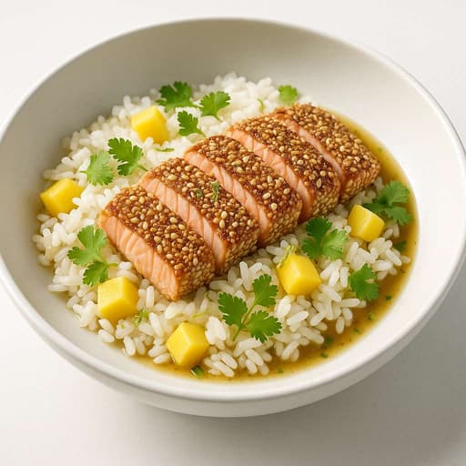 Crispy Sesame-Crusted Salmon with Mango Rice and Sesame-Scallion Vinaigrette image