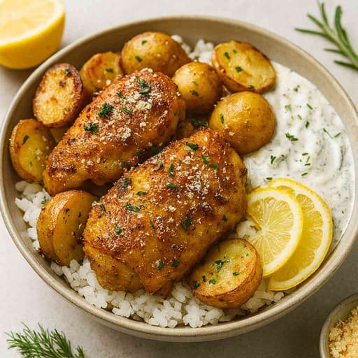 One-Pan Greek Parmesan Chicken with Garlic Tzatziki 🥔🍋 image