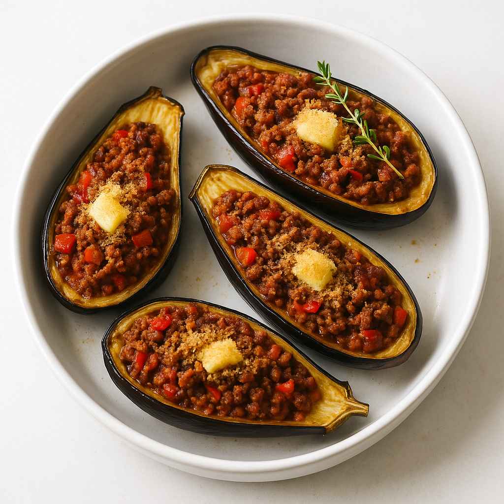 Stuffed Aubergines with Peppers and Beef image