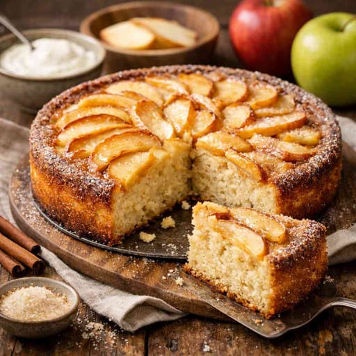 French-style apple yogurt cake with jammy apples on top