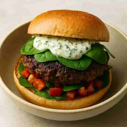 Juicy Beef Burger, Tomato-Feta & Mint Sour Cream