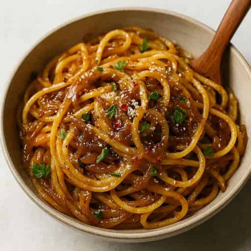 Caramelized Onion Garlic Spaghetti with Chili Crisp Kick
