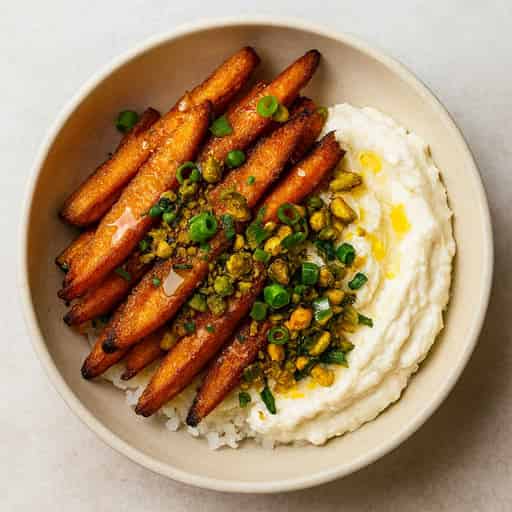 Image of Crispy Carrot Fries with Whipped Honey-Ricotta & Pistachio Gremolata