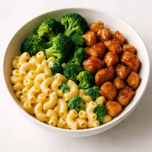 Honey Garlic Chicken Mac and Cheese with Broccoli