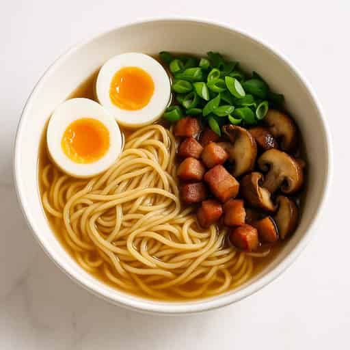 Noodle Broth with Soft-Boiled Egg and Bacon Image