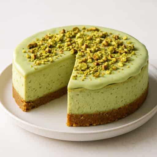 Image of Creamy Pistachio Cheesecake with White Chocolate Ganache