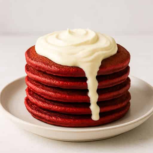 Fluffy Red Velvet Pancakes with Creamy Frosting Image