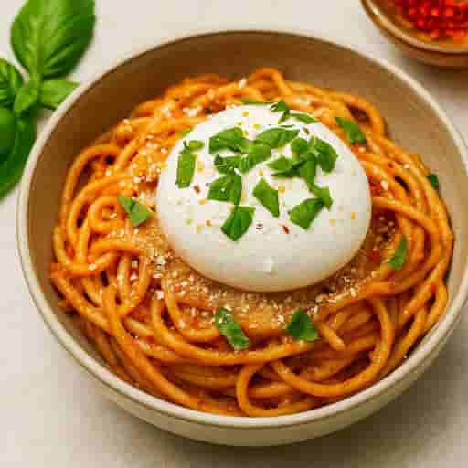 Creamy Roasted Cherry Tomato & Burrata Pasta 🍅🧀 (High-Protein Veggie Delight)