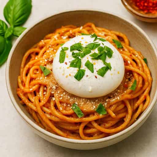 Creamy Roasted Cherry Tomato & Burrata Pasta 🍅🧀 (High-Protein Veggie Delight) Image