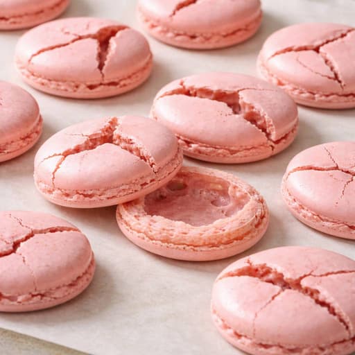 Close-up of cracked macaron shells on a baking tray