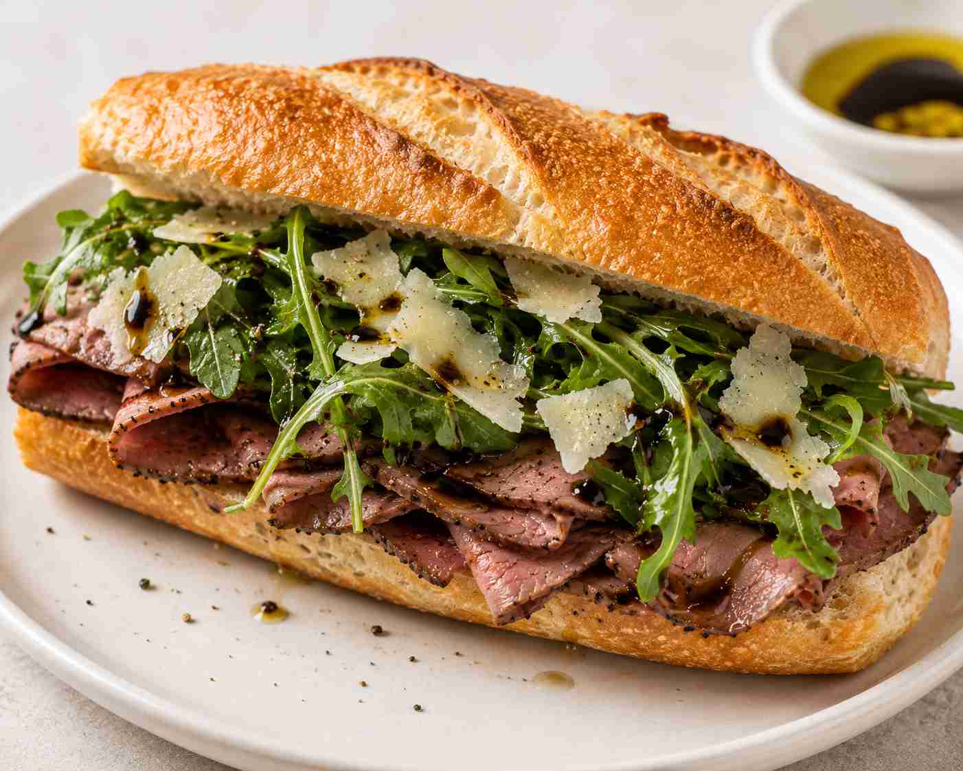 Roast Beef Baguette with Arugula and Shaved Parmesan