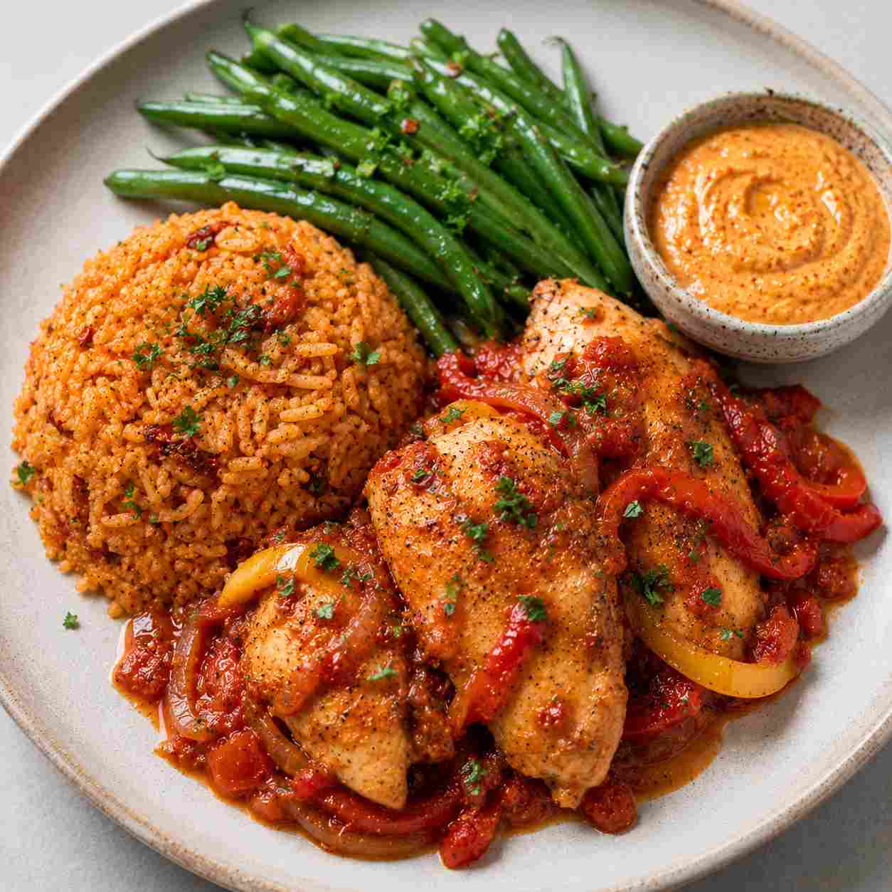 Basque Chicken with Tomato Rice and Chorizo Cream
