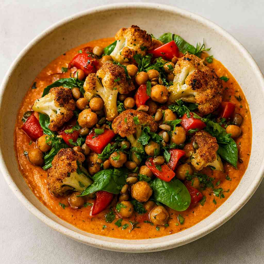 Cauliflower Chickpea Salad with Whipped Red Pepper Tahini