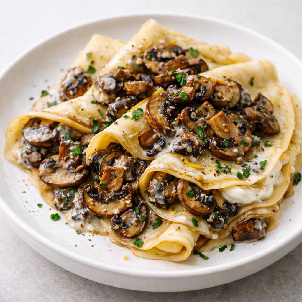 High-Protein Crepes with Garlic Mushrooms