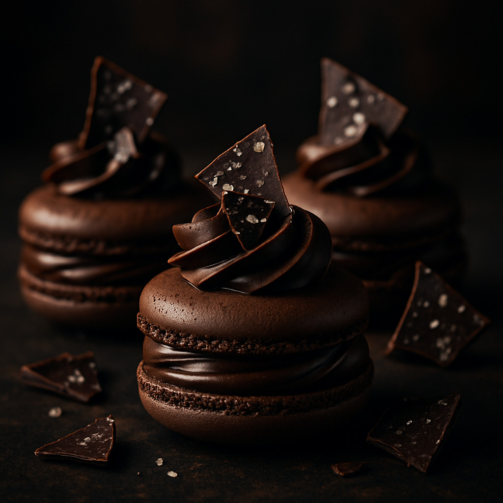 Dark Chocolate Macarons with Salted Ganache