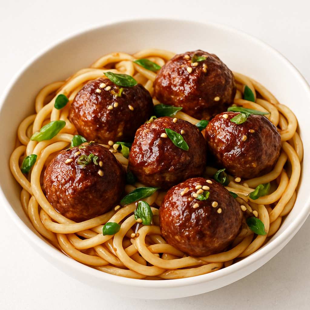 Sweet & Savory Korean Meatballs with Noodles