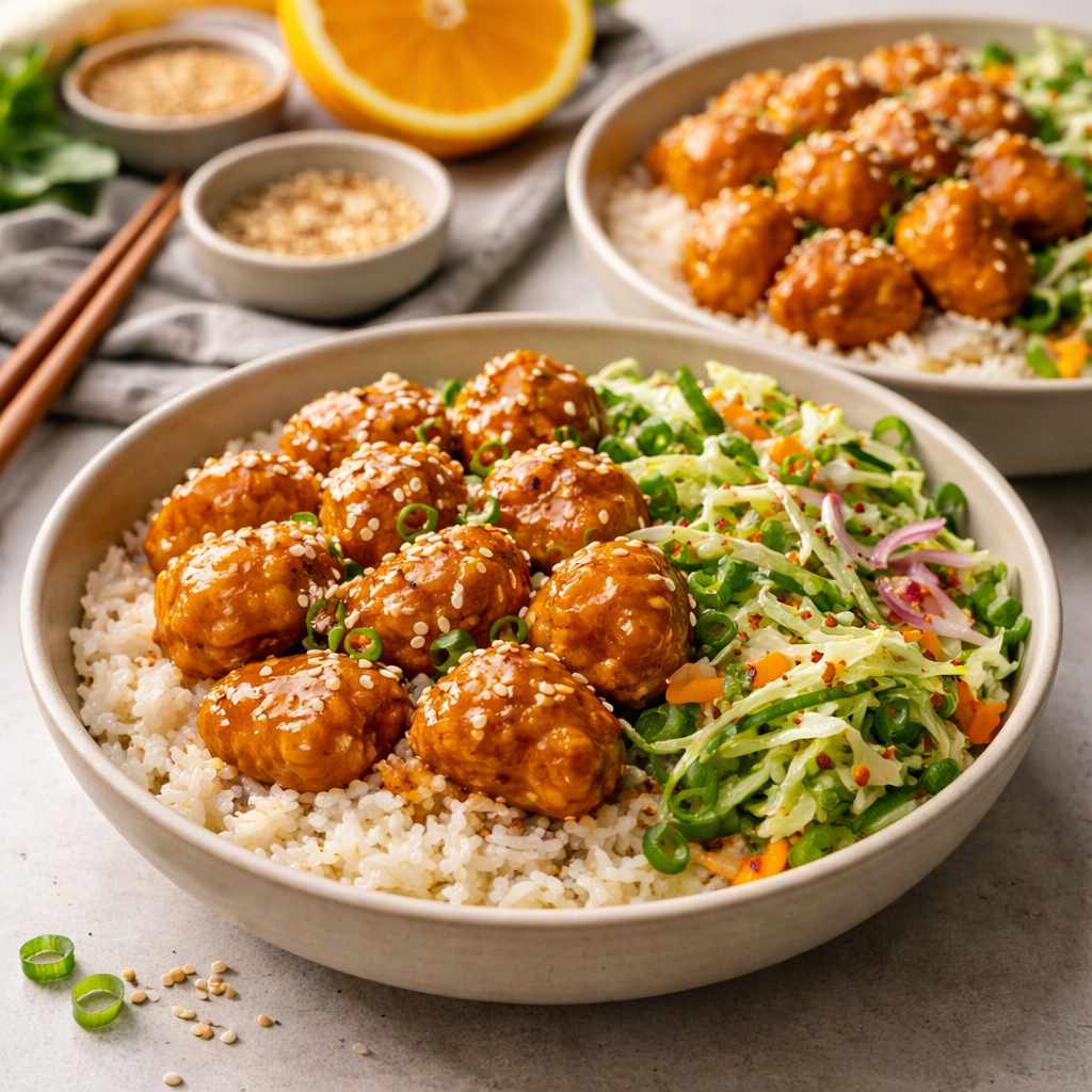 Meal-Prep Orange Chicken Rice Bowls with Slaw