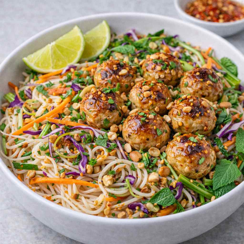 Vietnamese-Style Chicken Meatballs with Noodle Salad